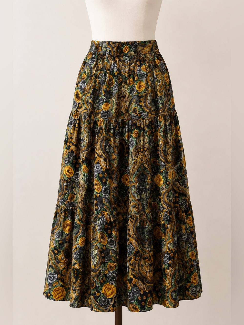 Vintage BILA Velvet Floral Tiered Maxi Skirt L Whimsigoth Boho